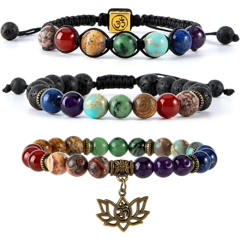 Chakra Bead Bracelets for Women - 8mm 7 Chakra Bracelet With Real Stones Yoga Gemstone Jewelry 3 Pack