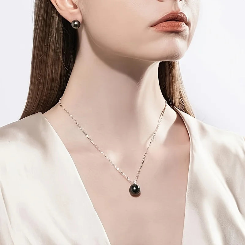 1pc S925 Silver 10mm Tahitian Black Pearl Inlaid With Moissanite Women's Necklace, AAAA Grade Handmade Selected Natural Black Pe