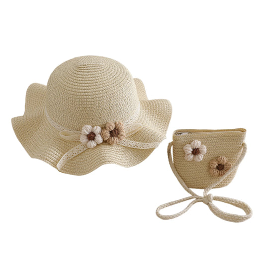 Girls Summer Sun Hat and Tote Bag Set with 3D Floral Embellishments Lace Detail Wide Brim and Adjustable Crossbody Strap