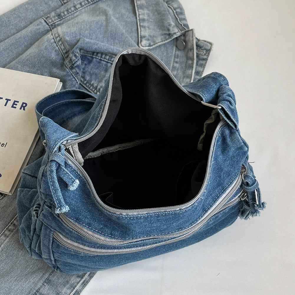 Women Denim Casual Messenger Bag Large Capacity Stylish Crossbody Bag Adjustable Strap Shoulder Tote Bag Outdoor Travel Bag
