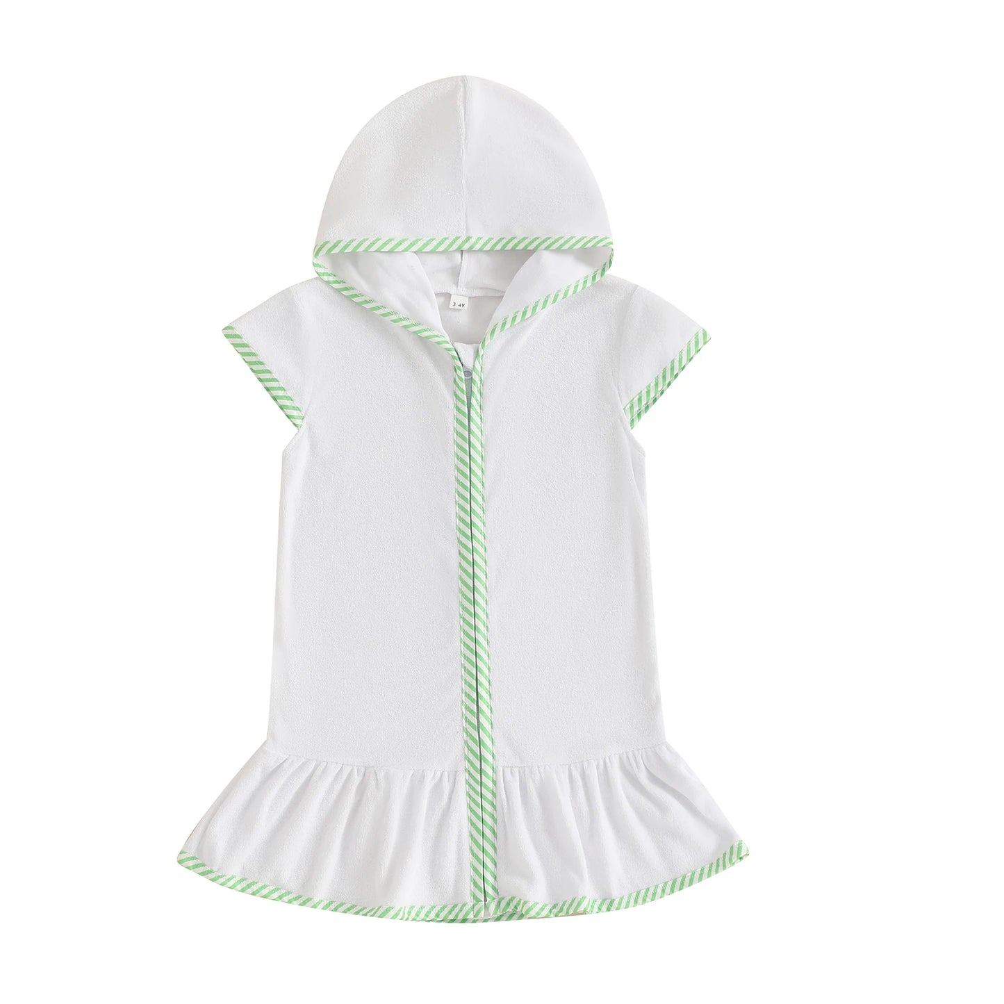 Kids Girl Hooded Beach Coverup Stripe Print Loose Fit Short Sleeve Zipper Bathrobe for Summer