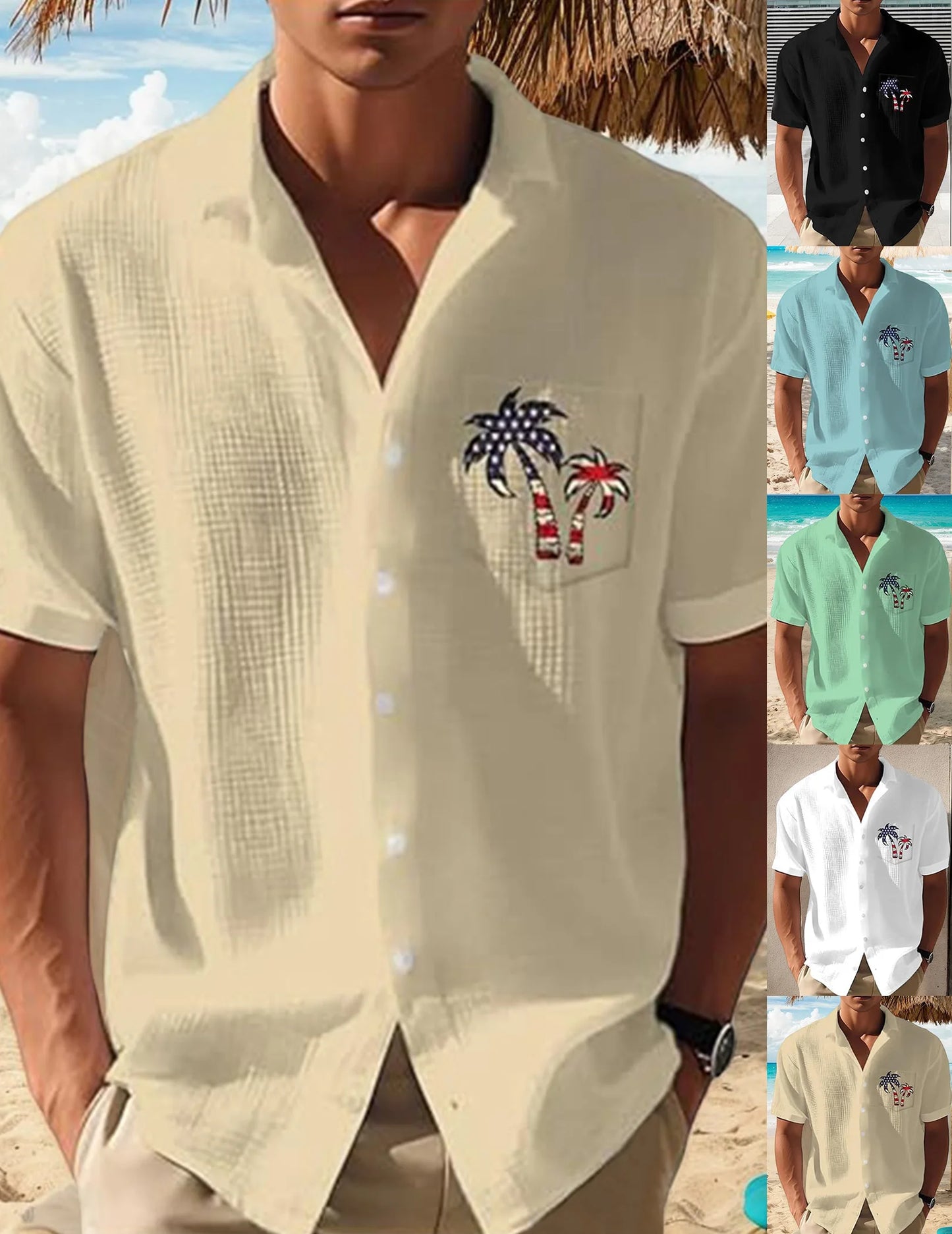 Mens Coconut Tree Flag Casual Shirt Short Sleeve Sport Shirt Fashion Summer Tops for Men Beach Summer Wedding Shirt