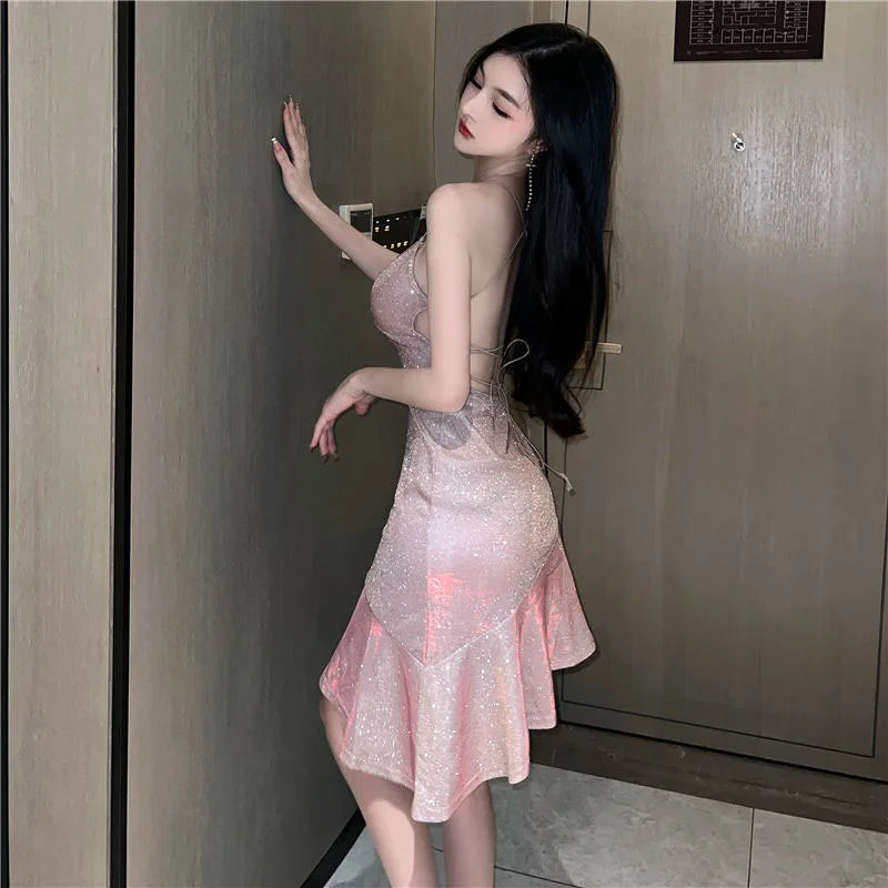 Sexy Women Golden Mermaid Dresses Summer Spaghetti Strap Strapless Dress Woman Elastic Solid Color Bandage Vestidos Lady