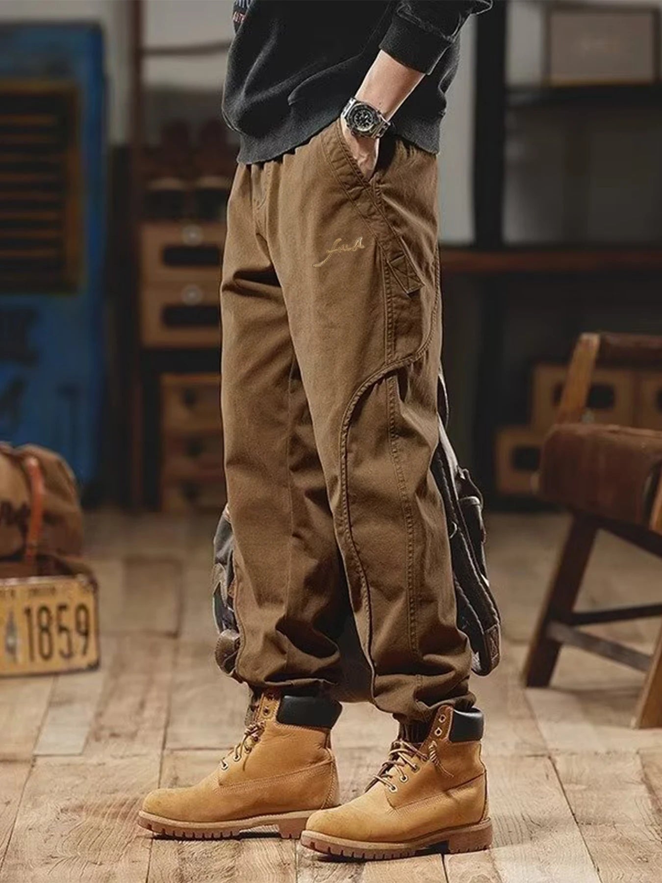 Men's casual work pants, multi-pocket design - Relaxed waist long pants suitable for outdoor, sports and autumn activities