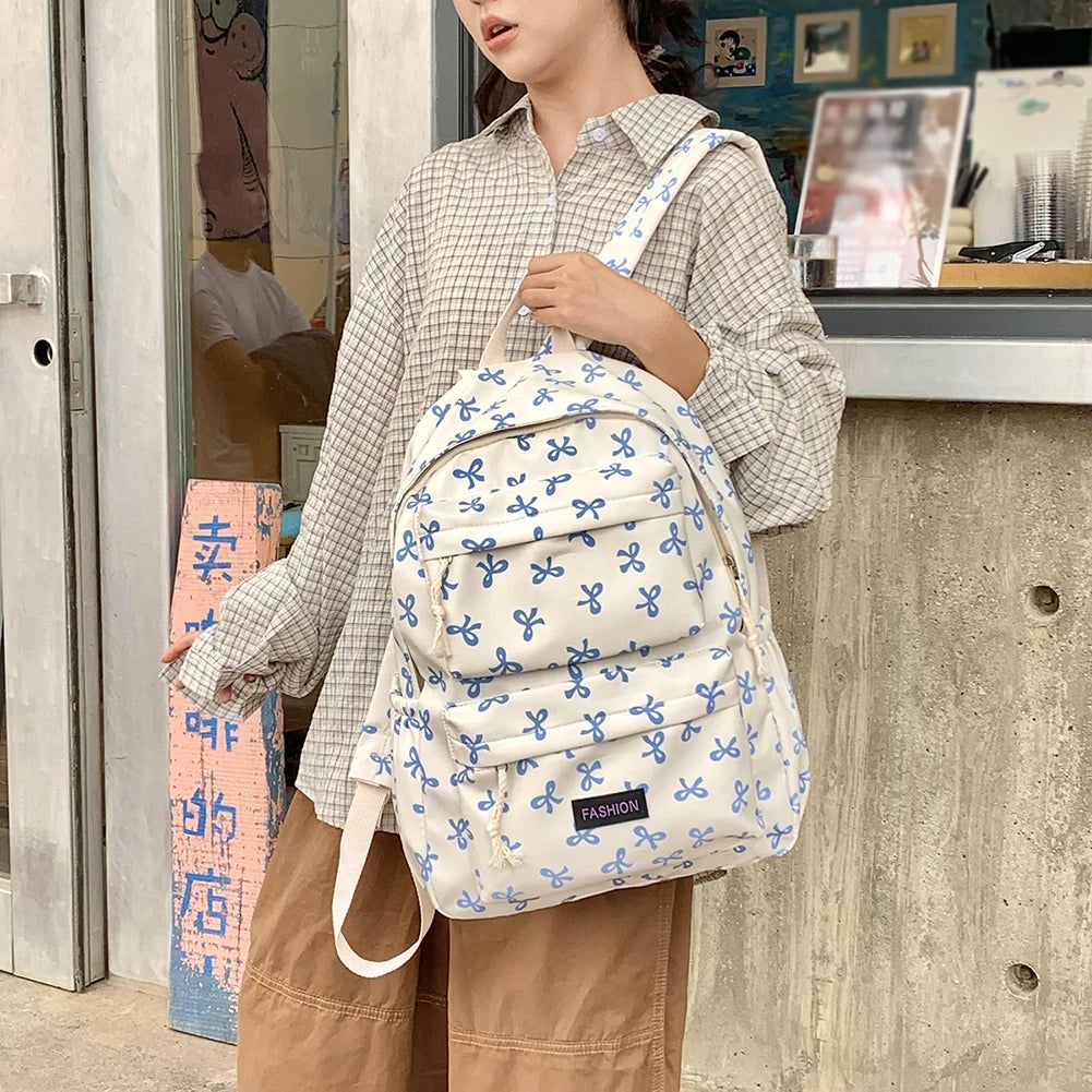 Bow Print Bookbag Preppy Travel Daypack Middle School Bag for Teen Girls