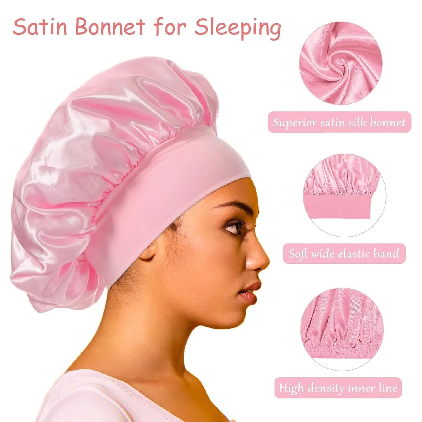 Women Satin Bonnet Night Sleep Cap Hair Hat Silk Head Cover Wide Elastic Band