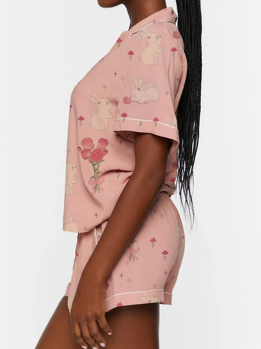 Women’s 2 Piece Pajamas Set Cute Bunny Print Short Sleeve Button Up Shirt Shorts Set Home Clothes