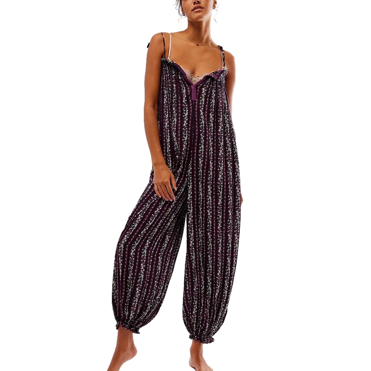 Women Summer Cami Jumpsuits Retro Floral Print Tie-Up Spaghetti Strap Sleeveless Long Rompers Fashion Loose Playsuits