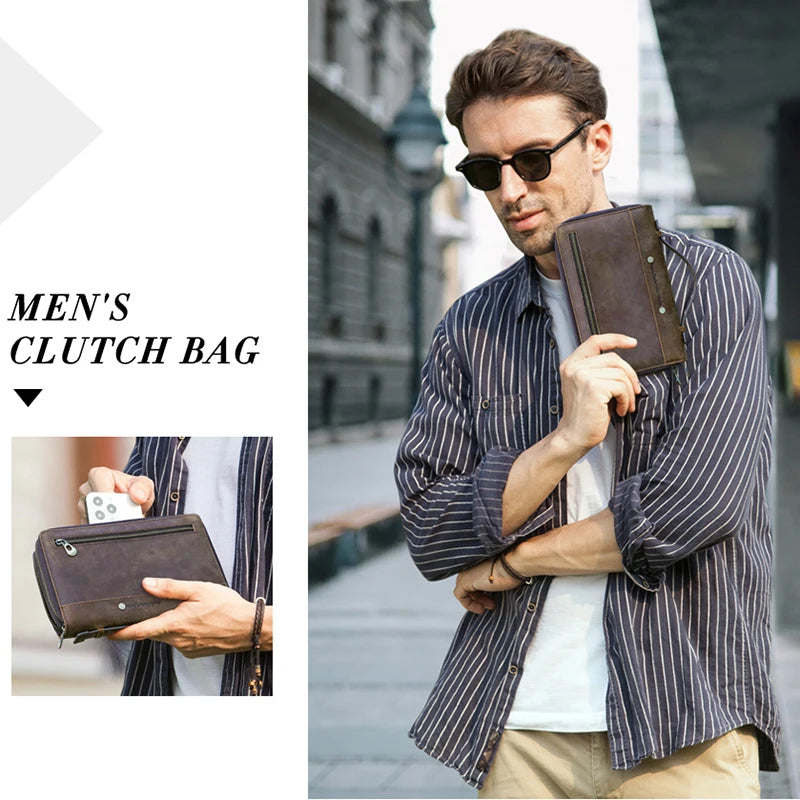 CONTACT'S Men's Clutch Designer Genuine Leather Male Handbag Double Zipper Long Purse Casual Wallet Bag Clutch High Quality
