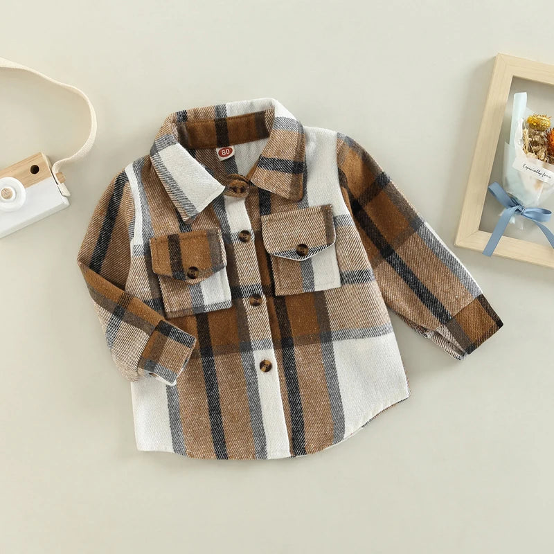 Children s Plaid Shirt Jacket with Lapel Collar Long Sleeves and Button-Up Front - Stylish Coat for Boys and Girls