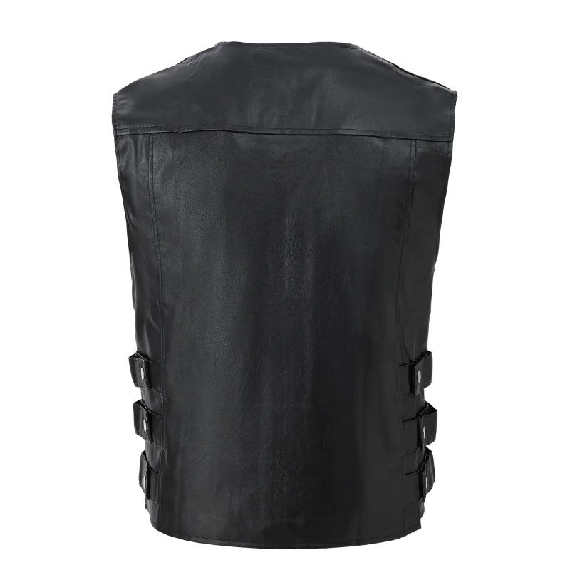 Men's Fashion Leather Biker Vests High Street Punk Style Motorcycle Rider Waistcoat For Male Sleeveless Jacket