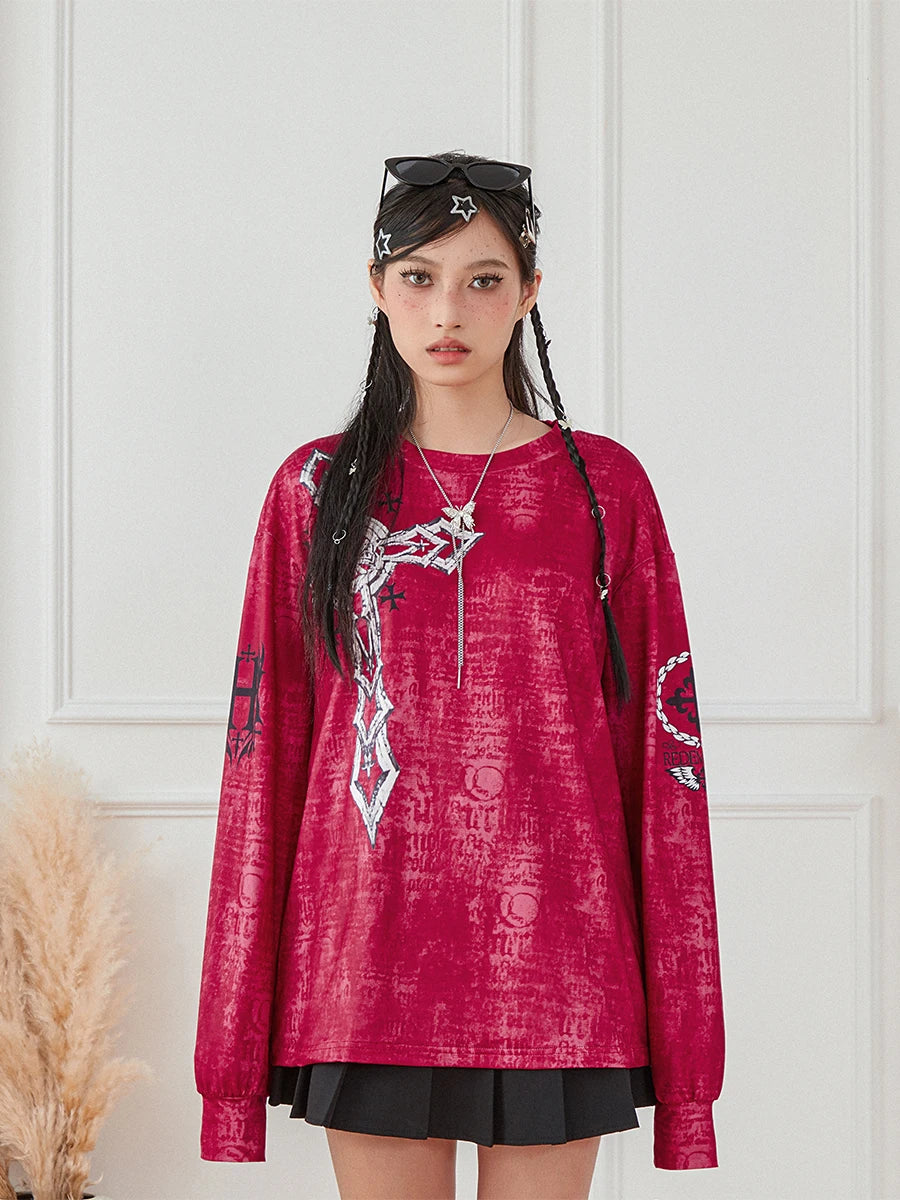 Women s Vintage Graphic Tops Gothic Long Sleeve Round Neck Loose T-Shirts Streetwear Grunge Tops