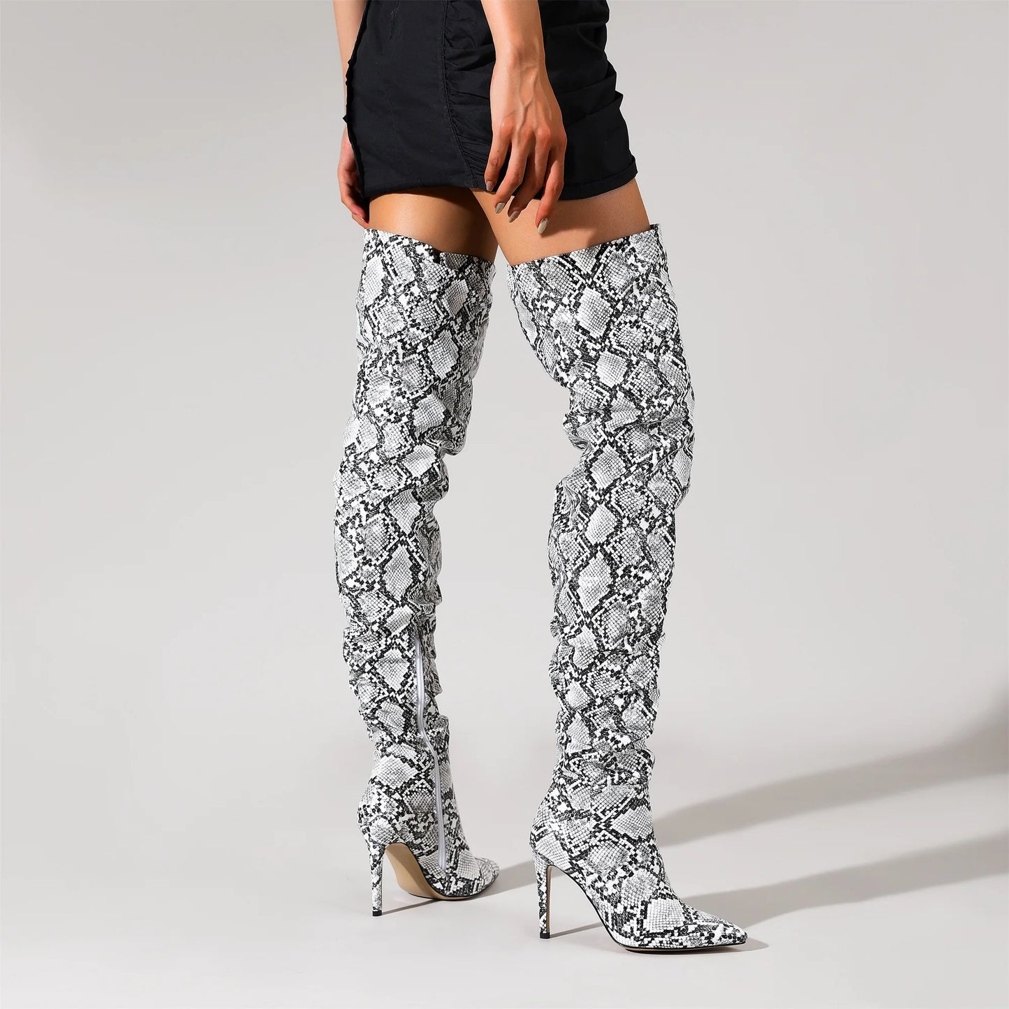Snakeskin Boots knee high boots women Sexy Stunning and Stylish Exquisite Pointed Toe Fine High Heels Pleated