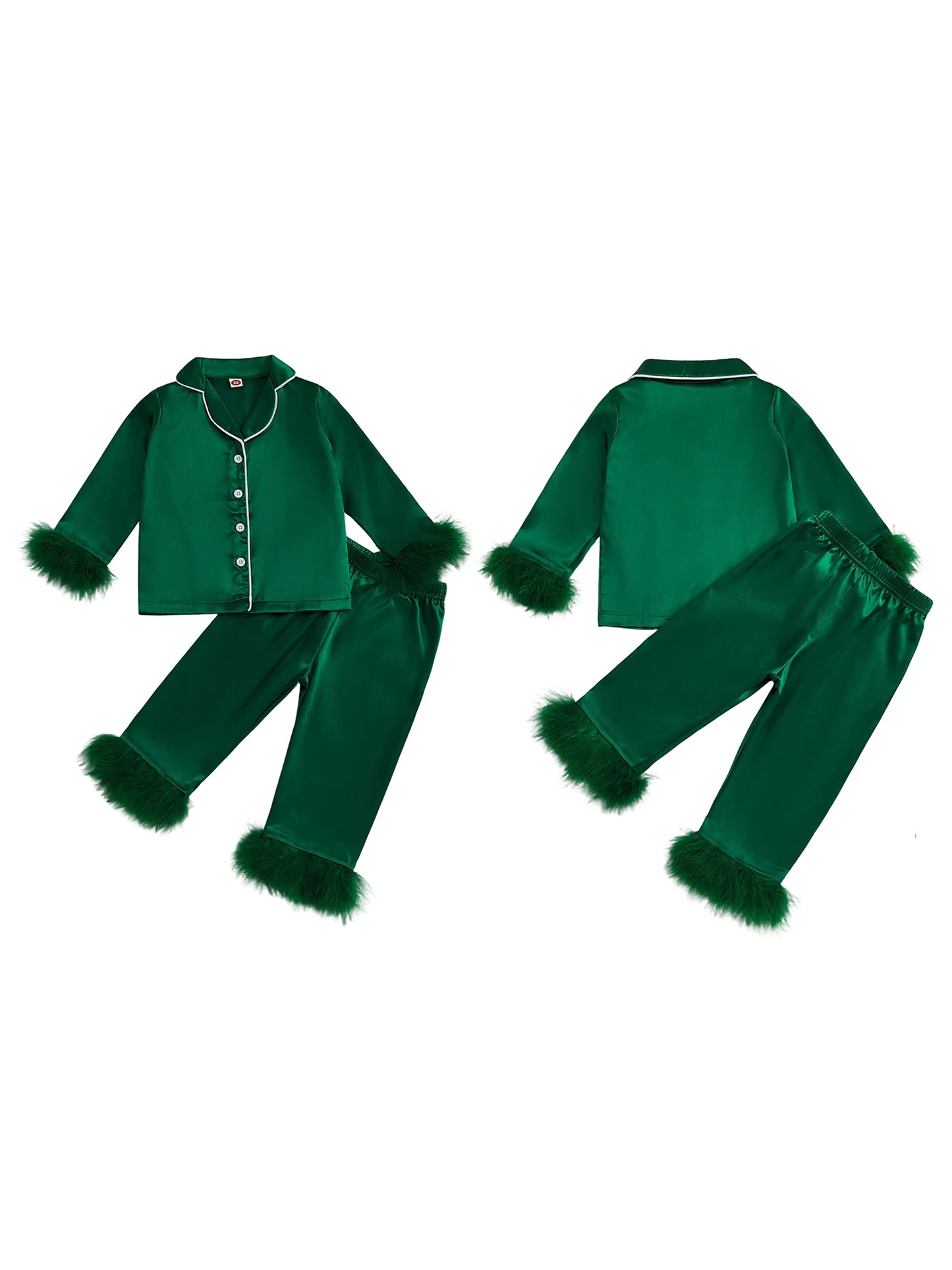 Children s Satin Pajama Set with Plush Trim Long Sleeve Button-up Shirt Elastic Waist Pants - 2 Piece Sleepwear Ensemble