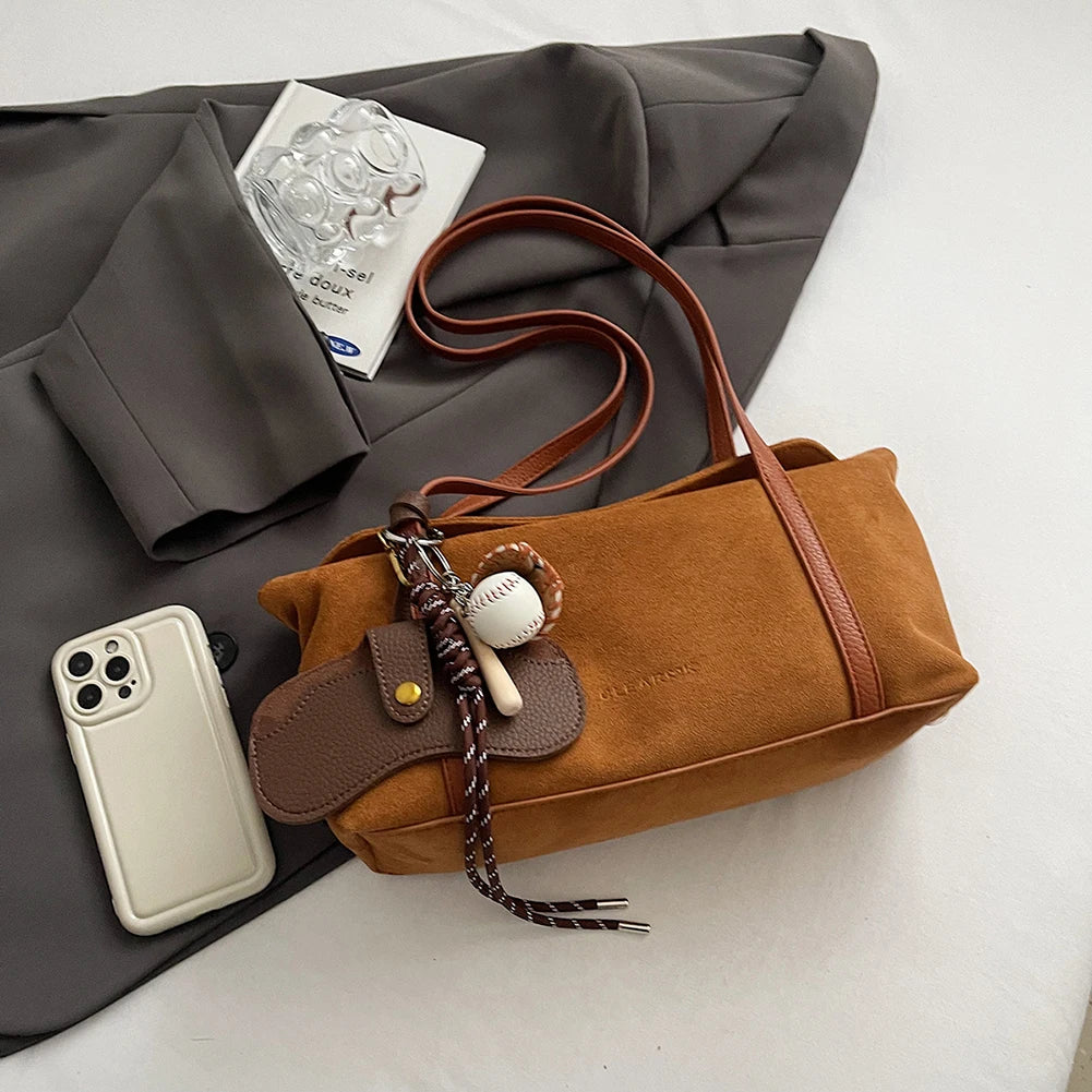Women Suede Shoulder Bag Large Capacity Flap Underarm Bag Solid Retro Handbag Clutch Purse for Work Travel