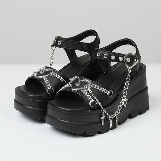 Women Y2k Gothic Sandals Wedges High Heels Platform Metal Chain Heart Decor Ankle Strap Punk Cosplay Sandals For Woman Summer Sh