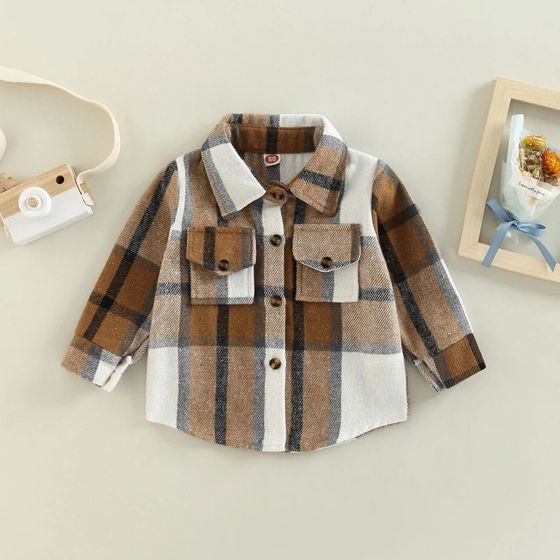 Children s Plaid Shirt Jacket with Lapel Collar Long Sleeves and Button-Up Front - Stylish Coat for Boys and Girls