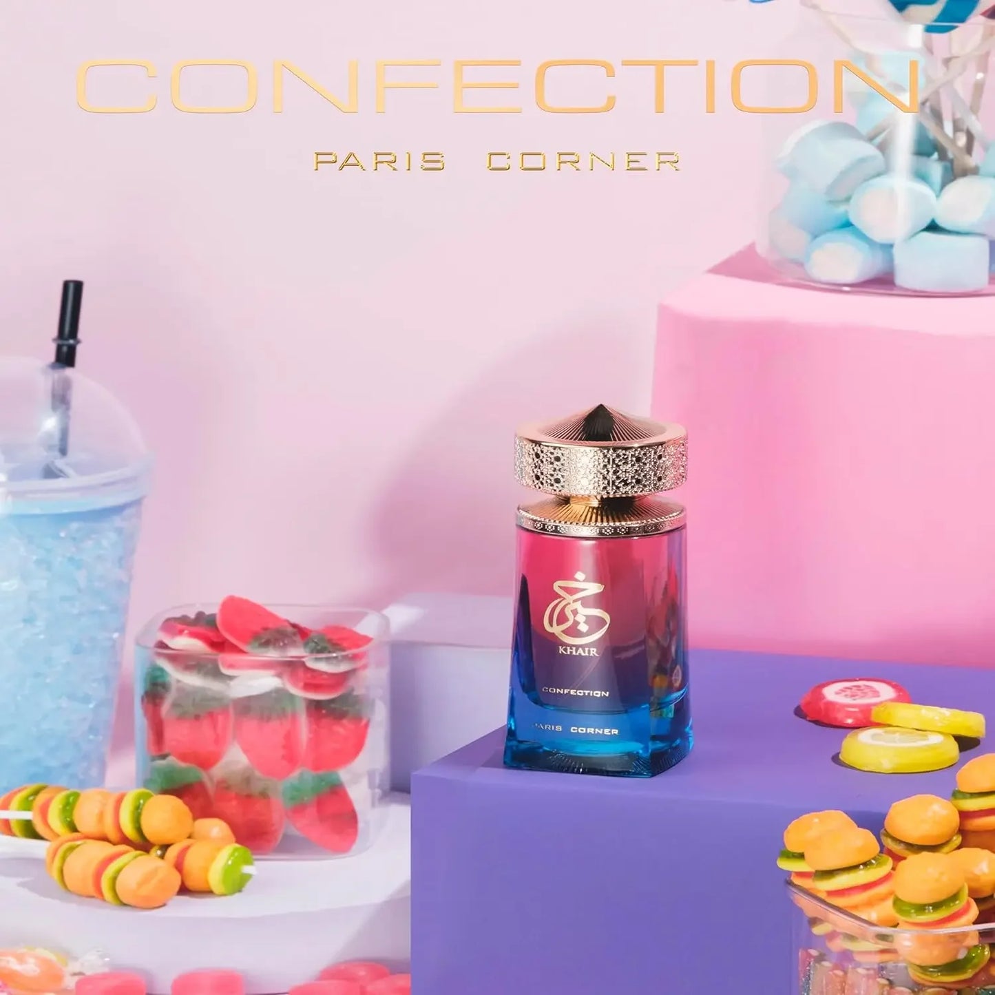 Khair Confection Perfume by Paris Corner, Luxury Fragrance with Gradient Red and Blue Bottle, Gold Cap