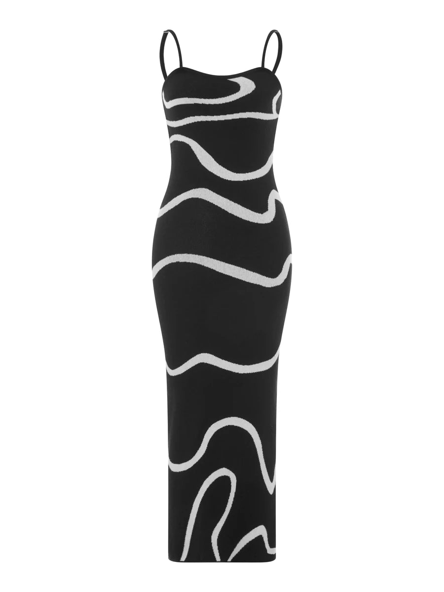 Women s Summer Cami Knit Dress Wavy Print Spaghetti Strap Open Back Party Midi Dress