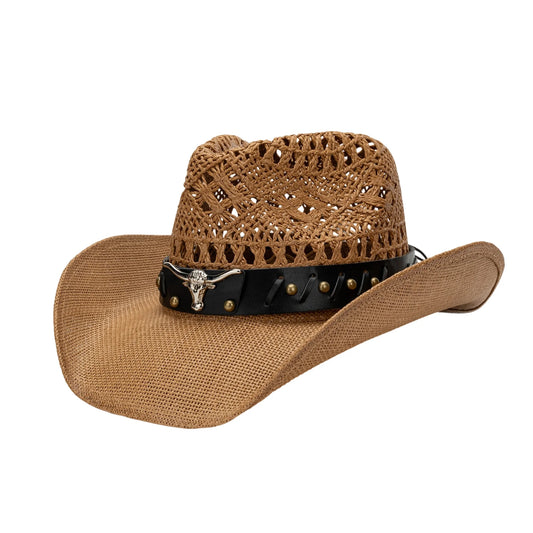 Women s Vintage Western Style Cowgirl Hat with Embroidered Bull Head Design Wide Brim Sun Hat for Outdoor Events and Festivals