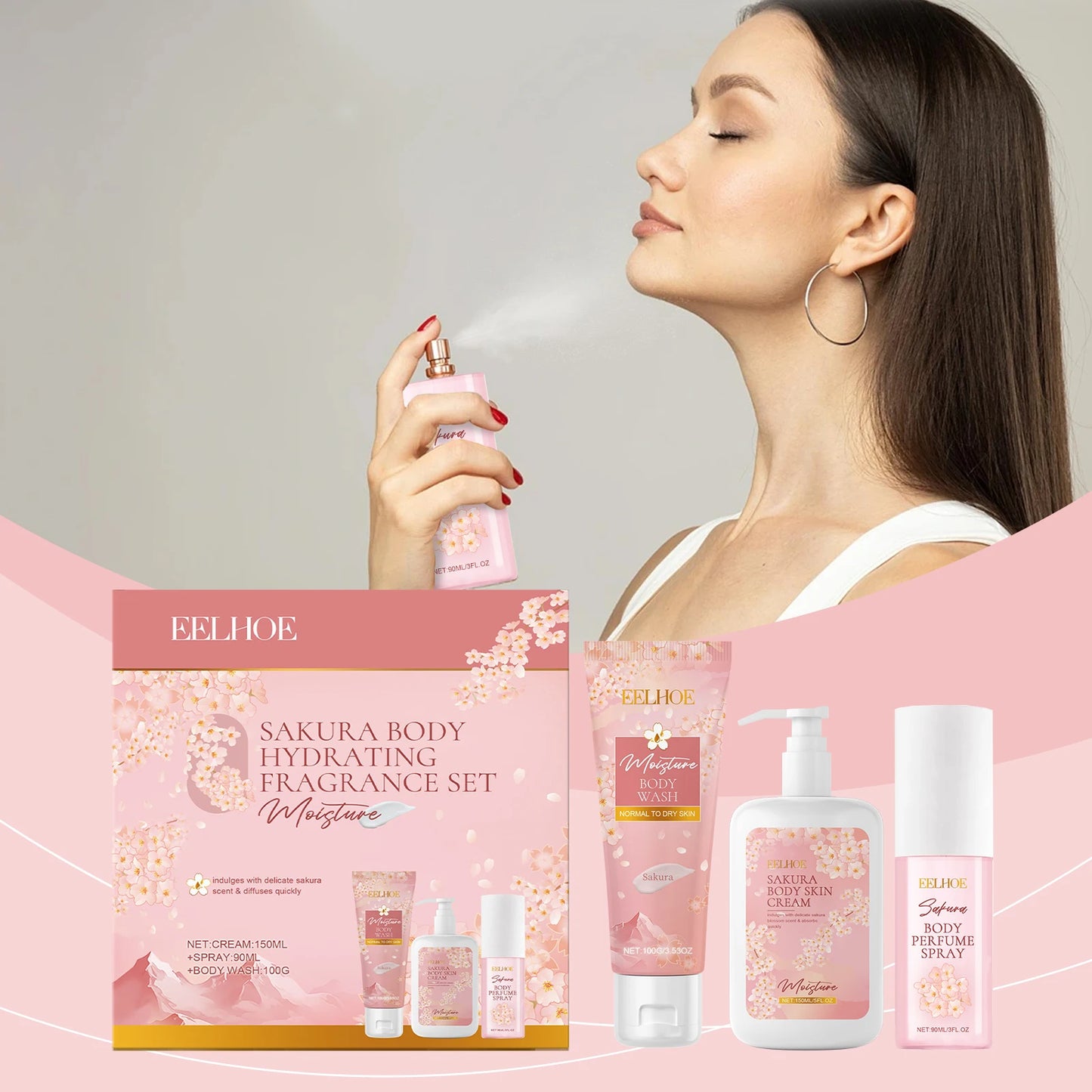 Sakura Body Hydrating Fragrance Set, Moisturizing Body Care Kits, Gentle Cleansing Skincare, Nourishing and Fragrant