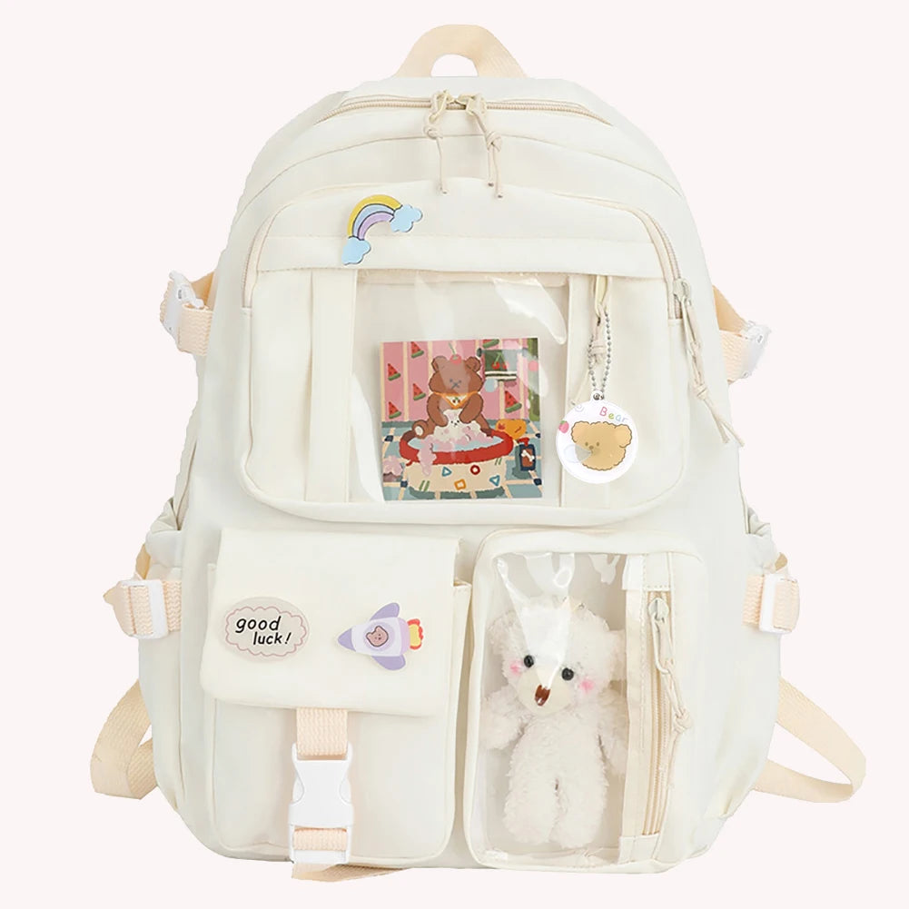 Laptop Backpack Fashion College Student Rucksack with Plush Pendant Pin Cute Kawaii Large Capacity Japanese Style for Teen Girls