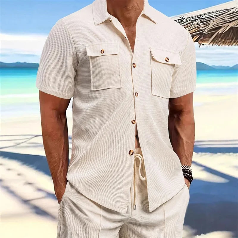 Men s Casual Short Sleeve Button Down Shirt with Turn-down Collar Solid Color Summer Top for Daily Wear and Outings