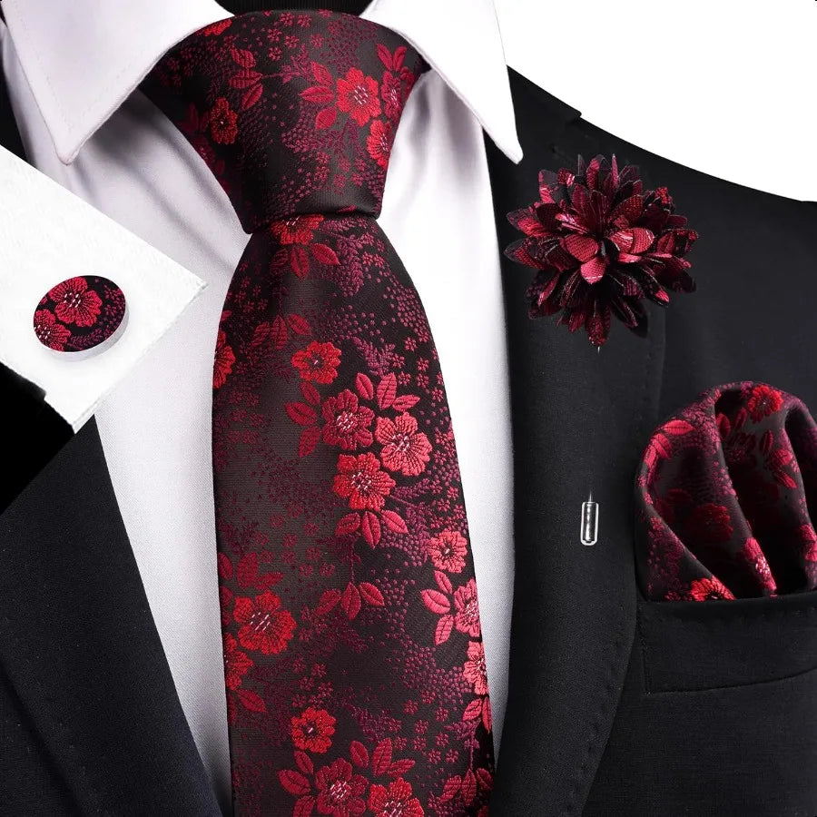 GUSLESON 3.15" 8cm Mens Floral Tie and Lapel Pin Necktie Hankerchief Cufflinks Set for Men