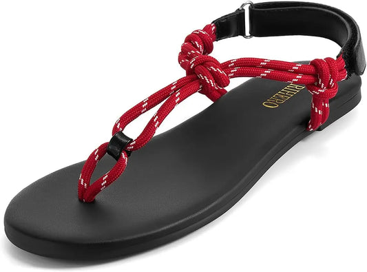 Rope Thong Sandals for Women Beach Flip Flops Comfortable Ankle Strap Slip-On Flat Sandals
