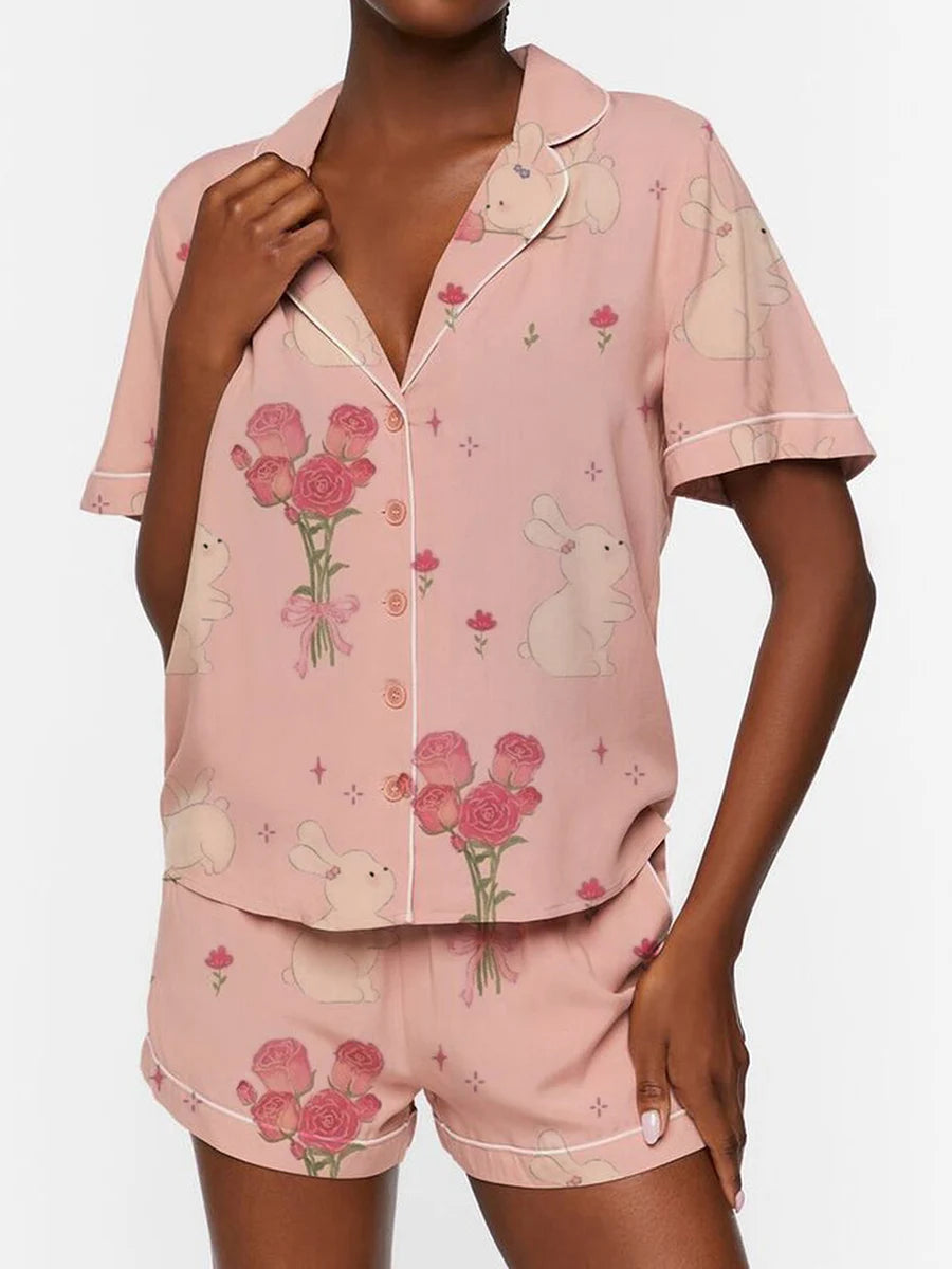 Women’s 2 Piece Pajamas Set Cute Bunny Print Short Sleeve Button Up Shirt Shorts Set Home Clothes