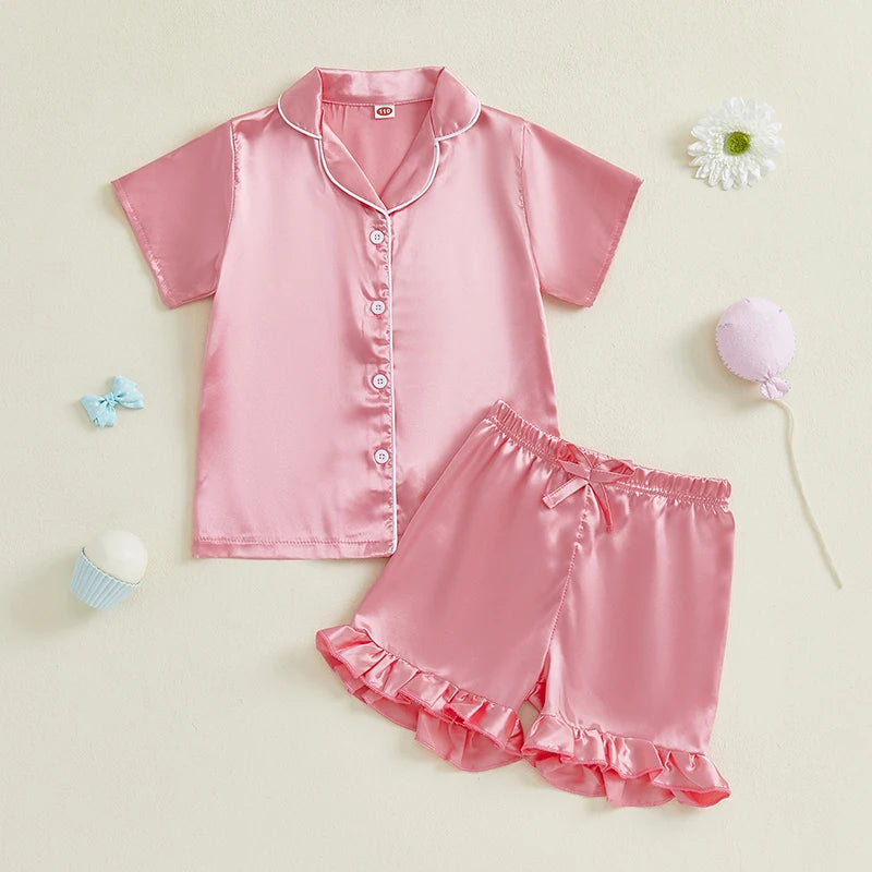 Infant Girl s Cute Summer Pajama Set with Button Down Lapel V Neck Top and Ruffled Shorts for Comfortable Lounge Wear - 2 Piece