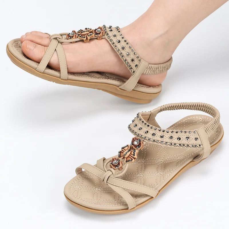 Women'S Sandals Bohemian Style Flat Shoes Suitable For Outdoor Beach Shoe Diamond-Studded Casual Fashion With Skirt Black White
