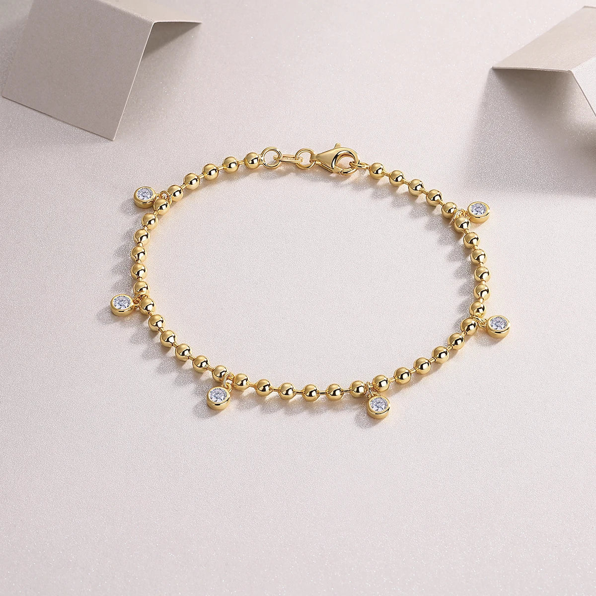 JIUZUAN Moissanite Bracelet Gold Plated Beaded Chain 925 Sterling Silver Fashion Jewelry for Women Comes with GRA Certificate