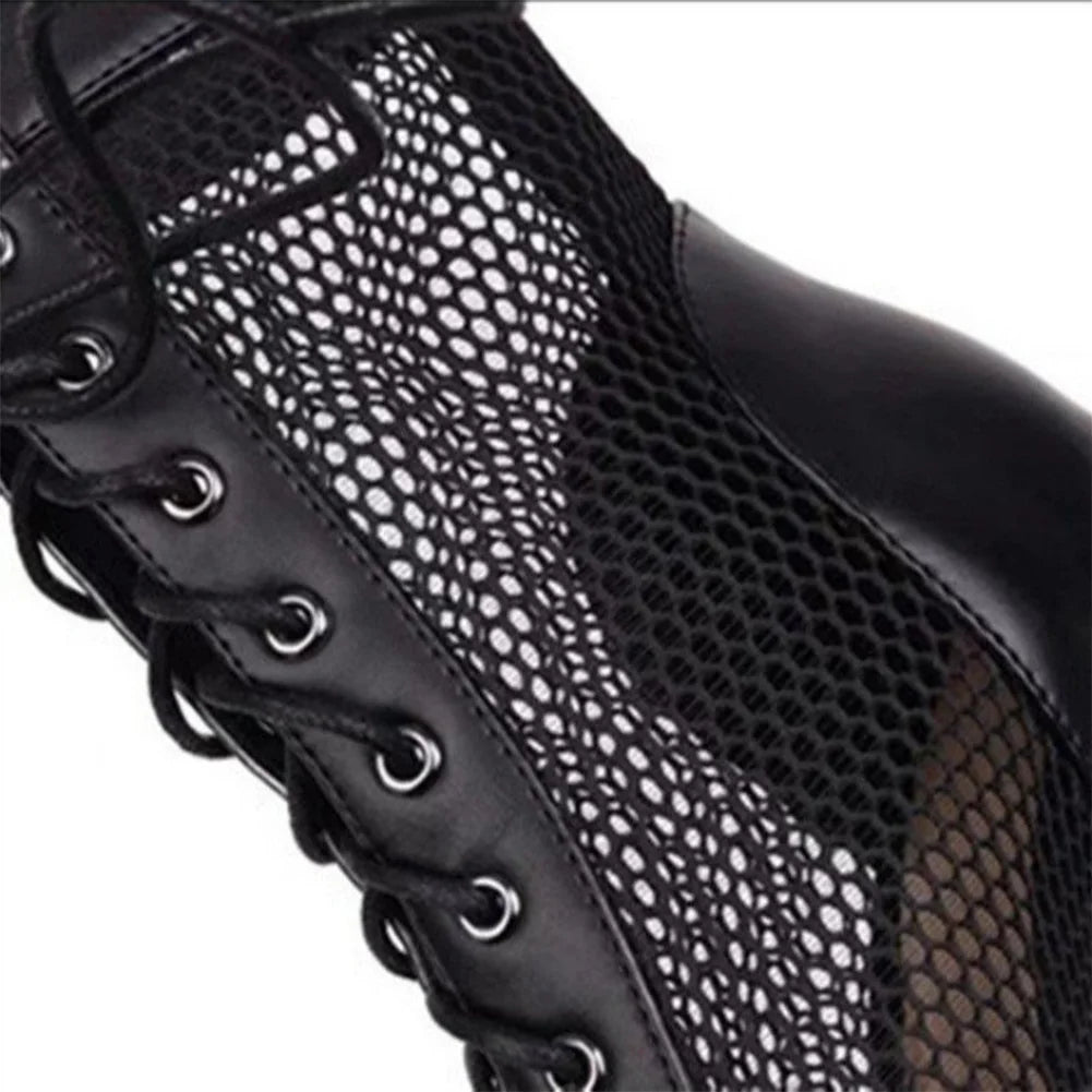 Women High Top Peep Toe Mesh Sandals with High Heel and Adjustable Laces for Summer Party and Dance