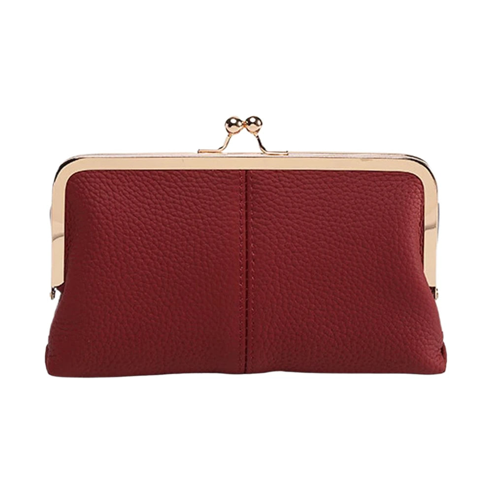 Genuine Leather Vintage Kiss Lock Wallet Large Capacity Long Card Holder Double Clip Travel Wallet Key Card Storage Bag