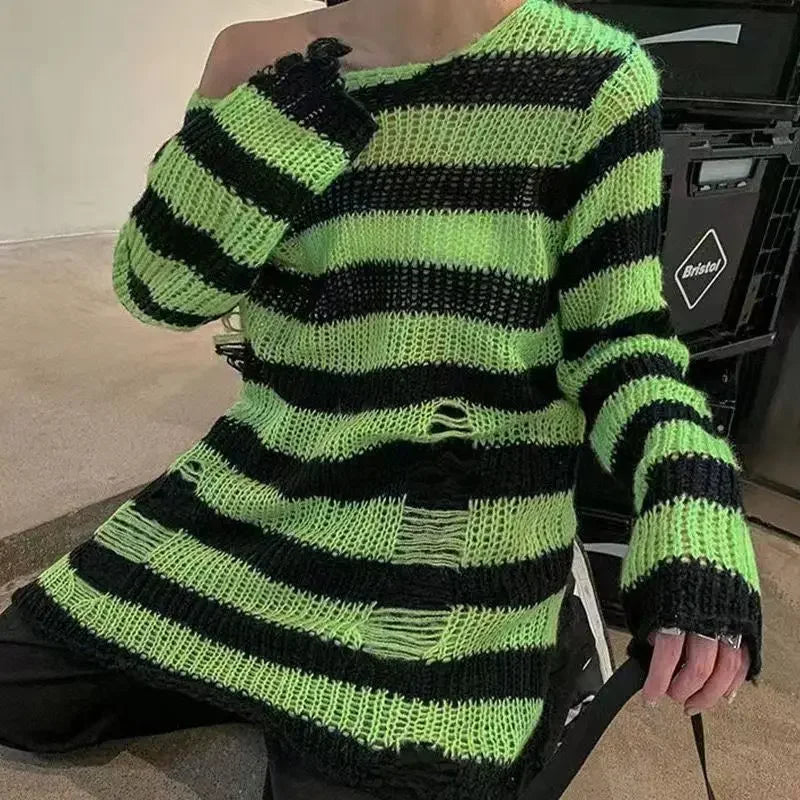 New Autumn Punk Gothic Long Unisex Sweater Women Striped Cool Hollow Out Hole Broken Jumper Loose Rock Thin Dark Streetwear Top