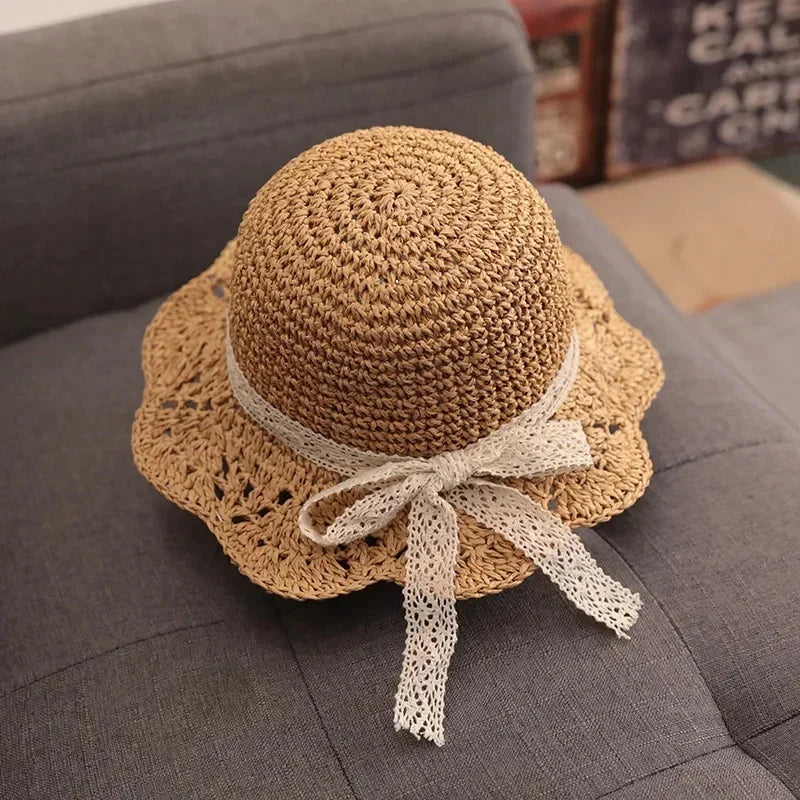 Fashion Lace Baby Hat Summer Straw Bow Baby Girl Cap Beach Children Panama Hat Princess Baby Hats and Caps for Kids 1PC
