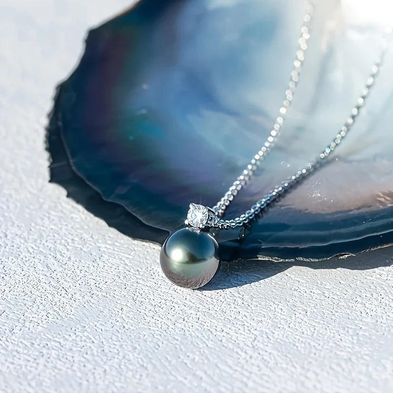 1pc S925 Silver 10mm Tahitian Black Pearl Inlaid With Moissanite Women's Necklace, AAAA Grade Handmade Selected Natural Black Pe