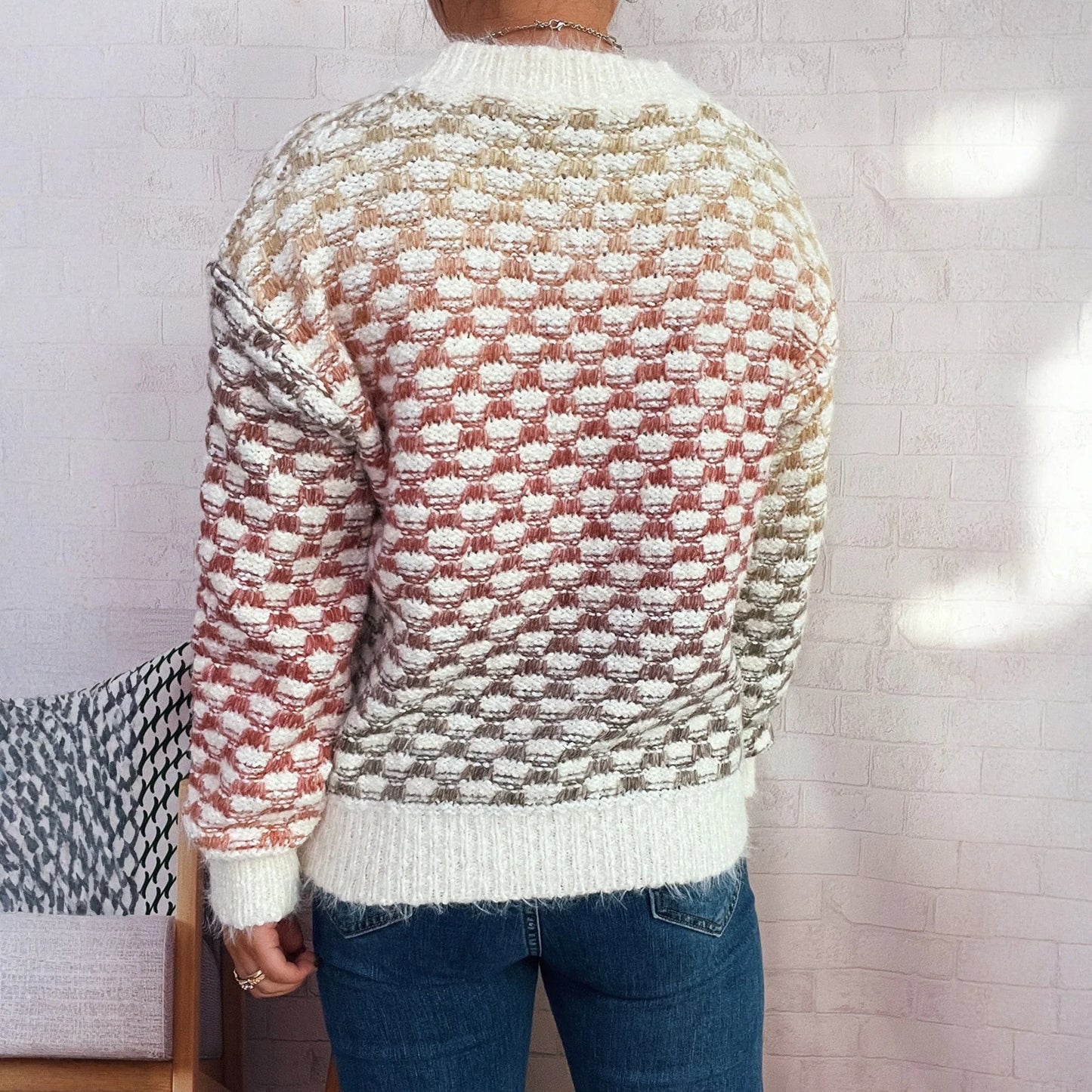 Women'S Casual Loose Pattern Gradient Color Long Sleeve Round Neck Pullover Knit Sweater Winter Clothes Woman Ropa De Mujer