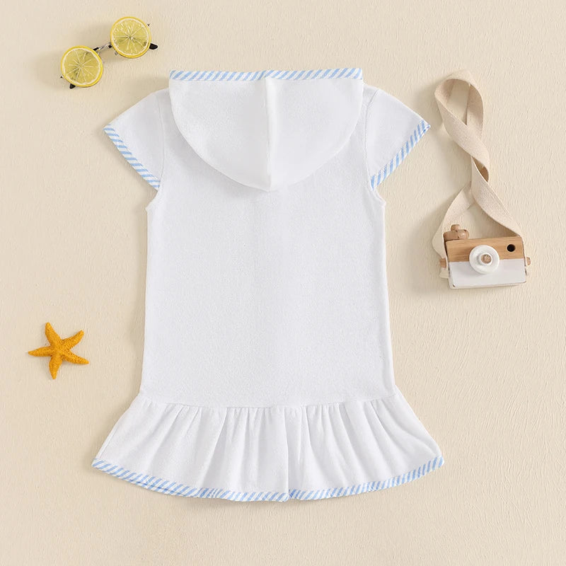 Kids Girl Hooded Beach Coverup Stripe Print Loose Fit Short Sleeve Zipper Bathrobe for Summer