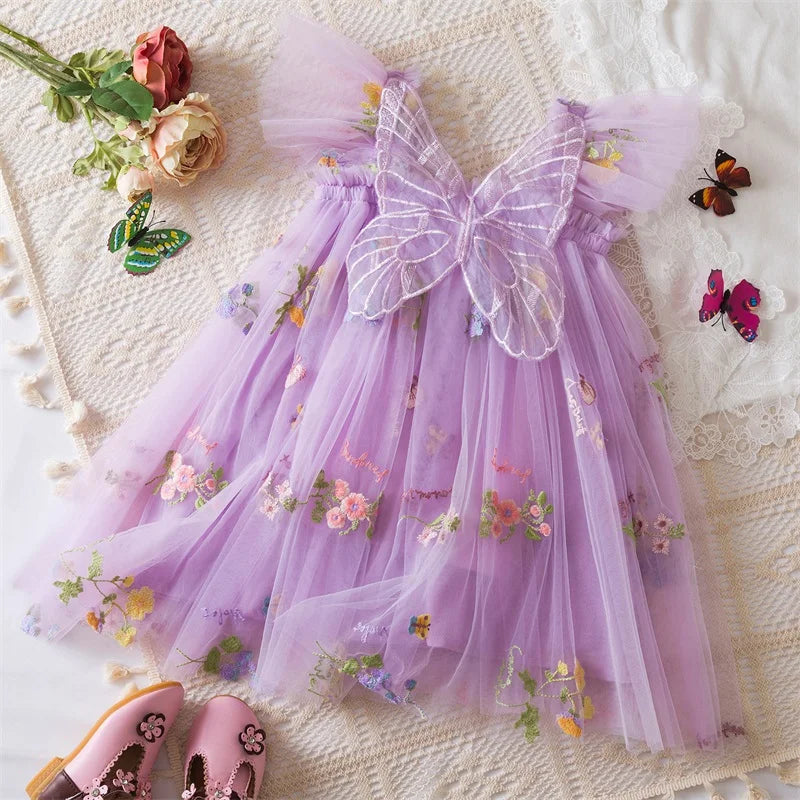Summer Girls' Princess Party Birthday Dress Sweet Baby Girls Dress Back Bow Wings Fairy Strap Embroidered Butterfly Mesh Dress