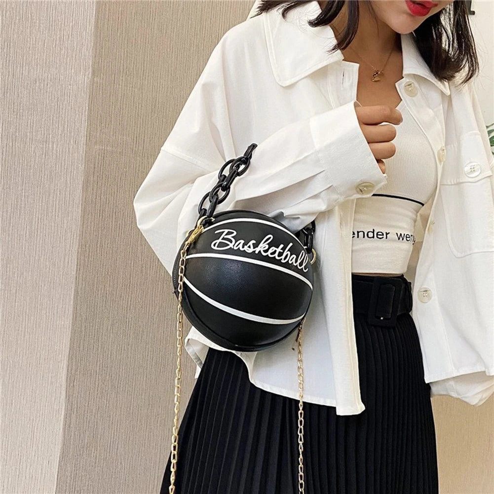 Women Basketball Shaped Cross Body Messenger Bag Zipper PU Leather Mini Shoulder Bag Basketball Purse for Girls Women