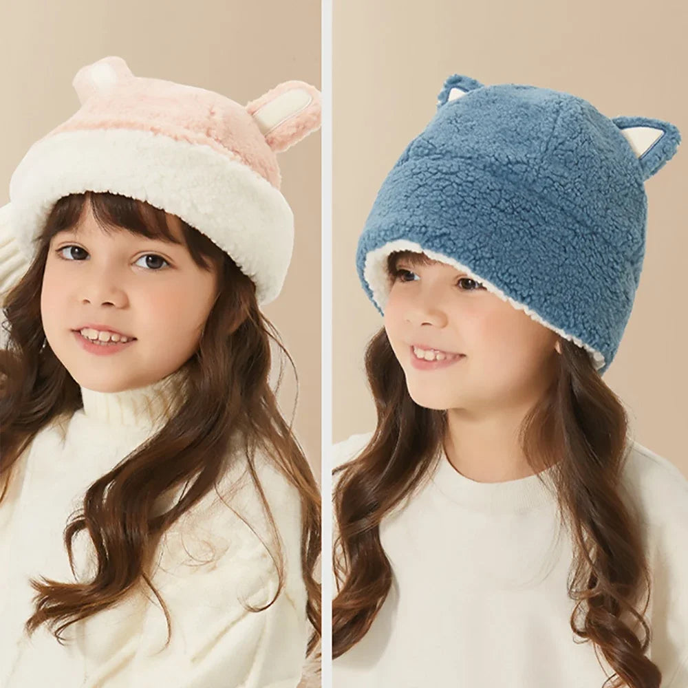 Ohsunny Kids Hat Winter Warm Adjustable Bucket Cap Children Cute Cartoon Bear Ear Caps Outdoor Furry Warmer Beanie Boys Gifts