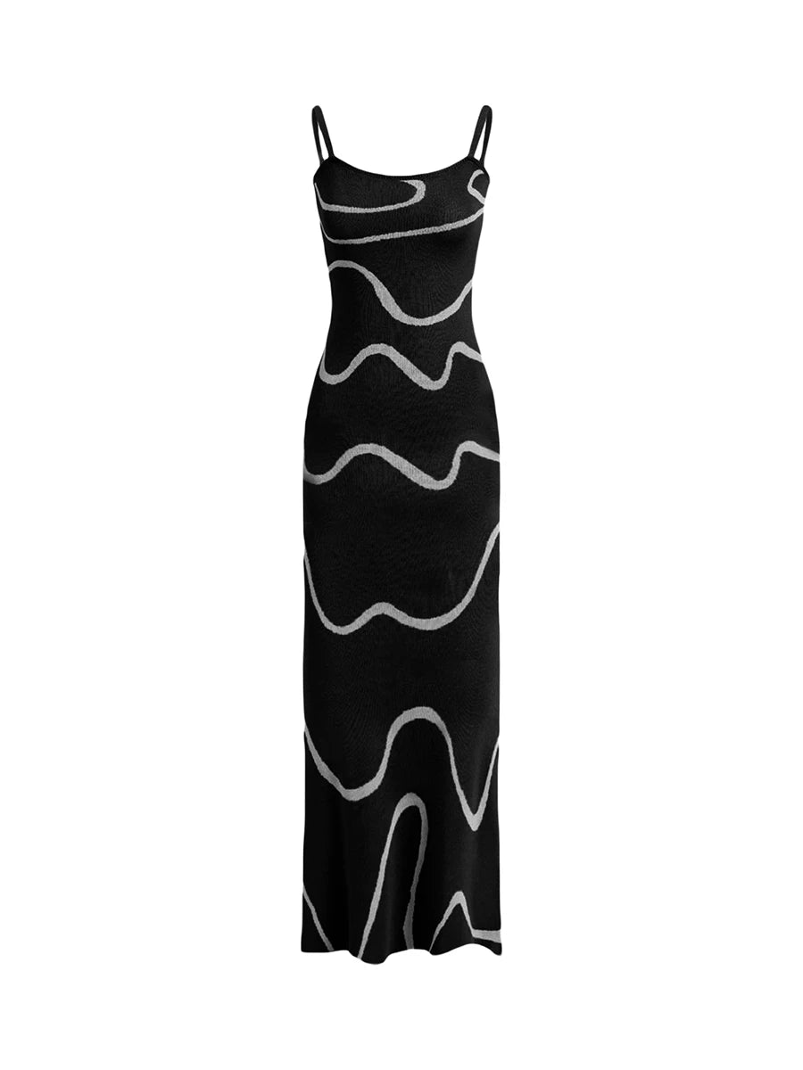 Women s Summer Cami Knit Dress Wavy Print Spaghetti Strap Open Back Party Midi Dress