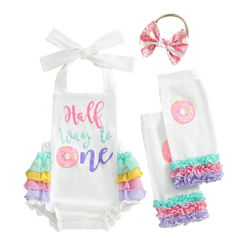 Toddler Girls Summer Outfit Sleeveless Floral Print Romper with Matching Headband and Ruffle Leggings Set
