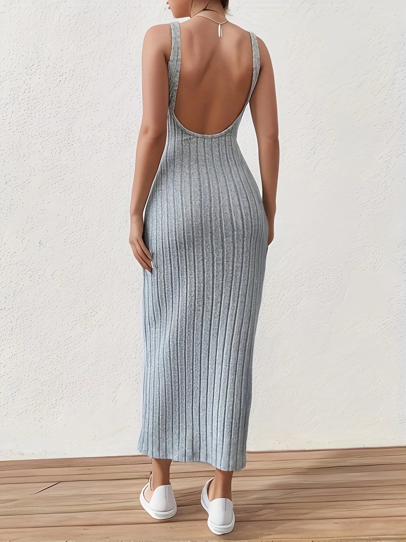 Solid Backless Tank Dress,Summer new sexy backless mid-length knitted sleeveless dress