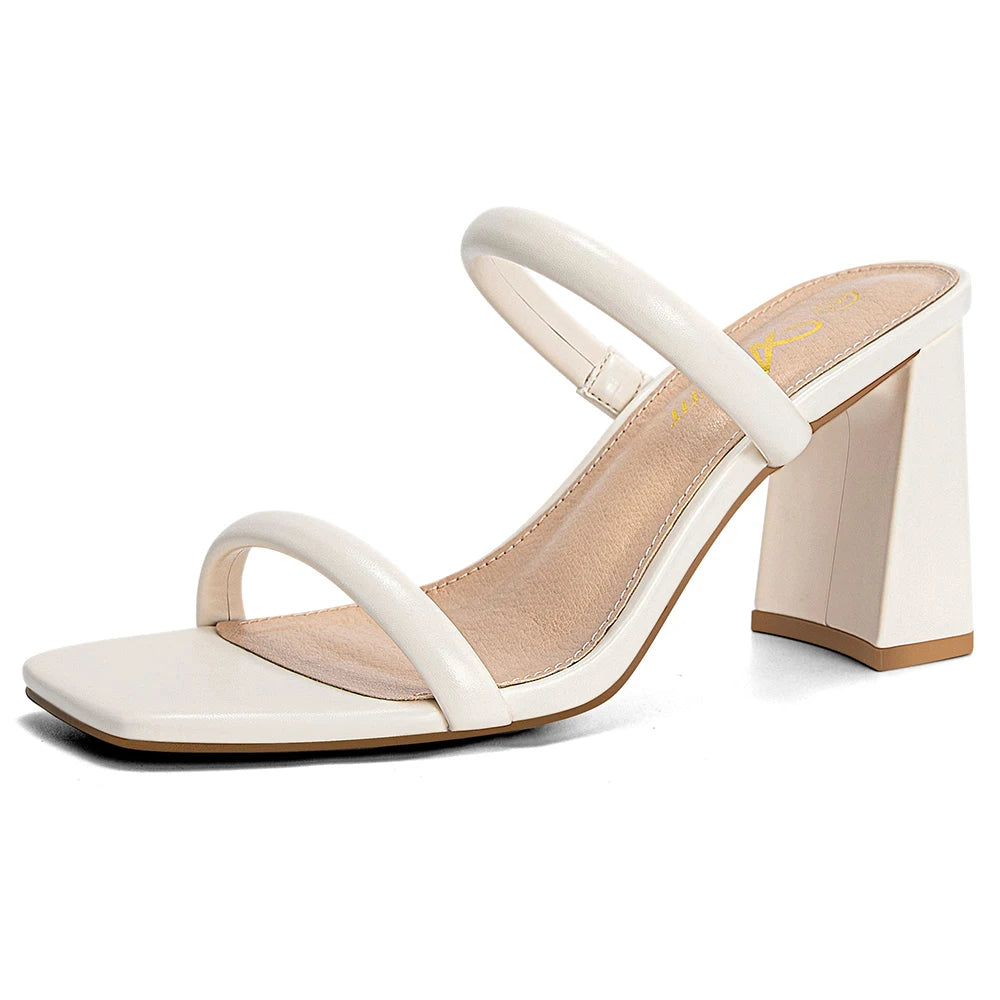 Elegant Women's Chunky Heels Sandals Office Lady Square Open Toe Strap Heeled Slippers Fashion Summer Slip Block Shoes
