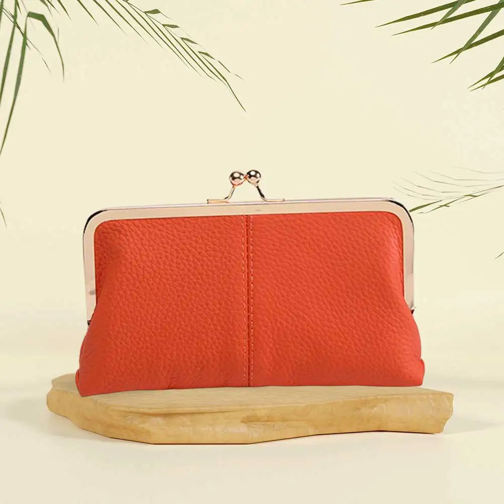 Genuine Leather Vintage Kiss Lock Wallet Large Capacity Long Card Holder Double Clip Travel Wallet Key Card Storage Bag
