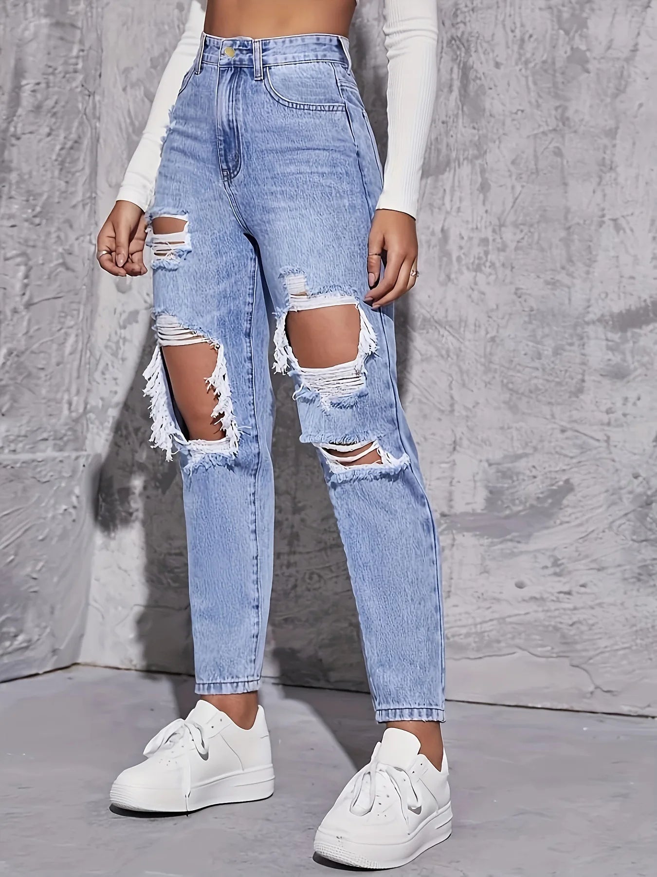 2025 Women's New Denim Pants, High Waisted Straight Leg, Perforated, Casual Style, Fashionable and Versatile