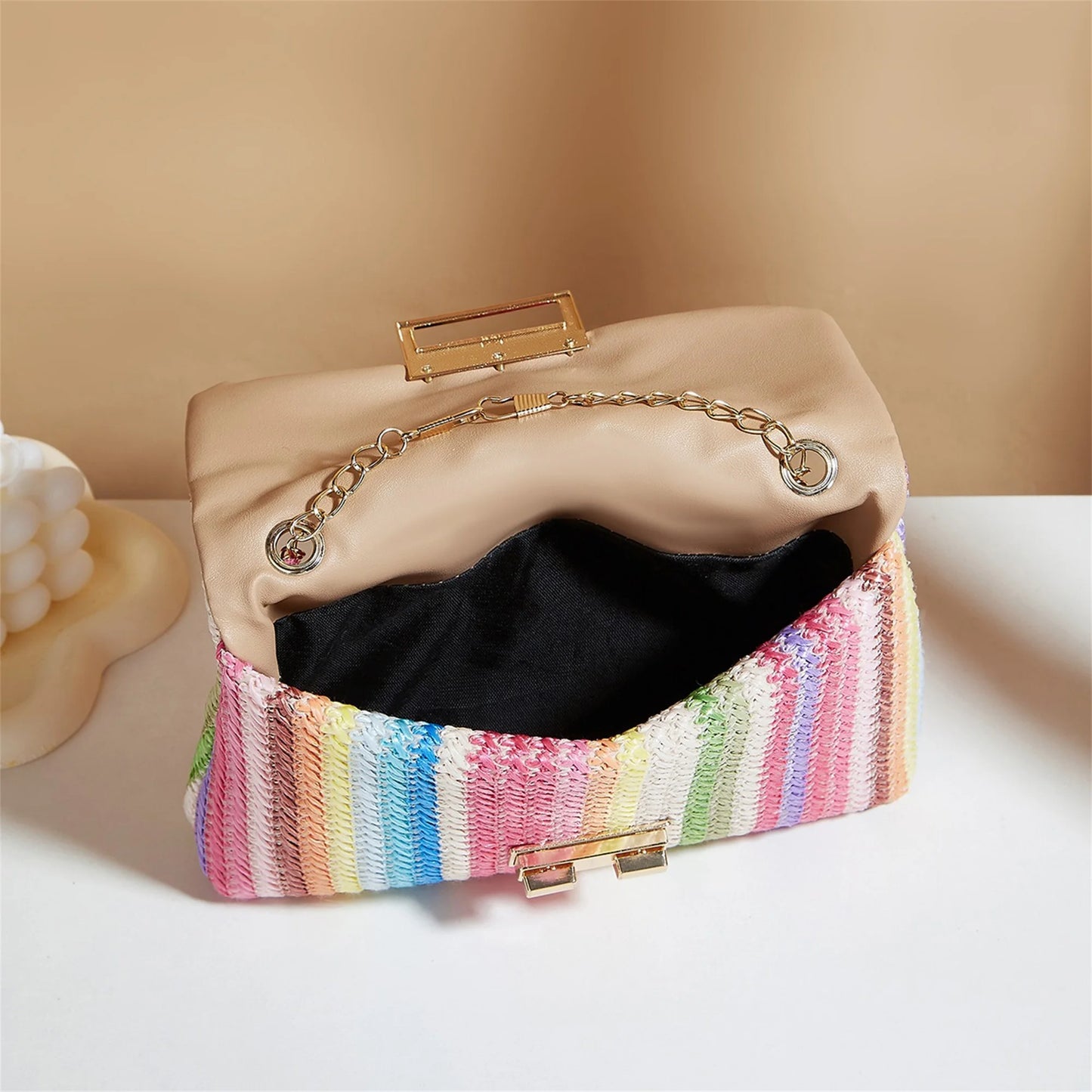 Colorful Striped Rattan Crossbody Bag Boho Woven Purse Shoulder Bag for Women Summer Beach Vacation Accessory